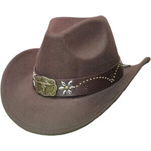 Unisex Dark Brown 100% Polyester Bull Skull Band Classic Fedora Felt Cowboy Hat
